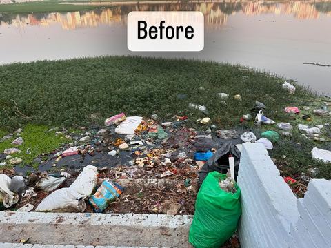 Before: a lake inlet choked with plastic and debris